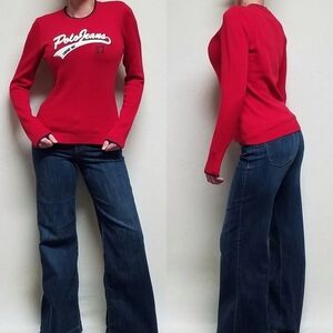Vintage 90s Polo Jeans Ralph Lauren Red Knit Crewneck Long Sleeve Logo Sweater L
